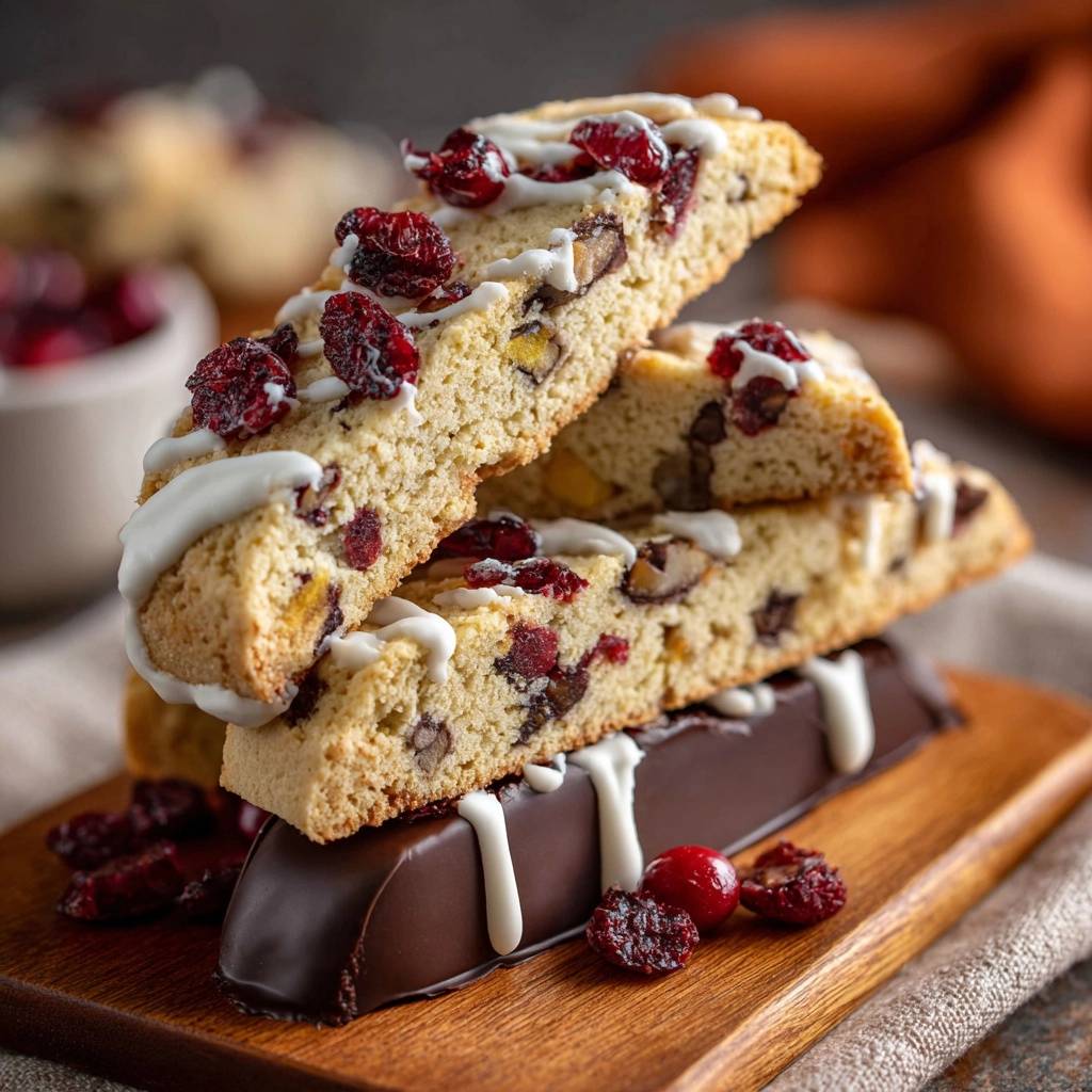 Knusprige Cranberry-Ananas-Nuss-Biscotti, gestapelt auf einem Schokoriegel, mit einem Detail von getrockneten Cranberries und Kirschen.