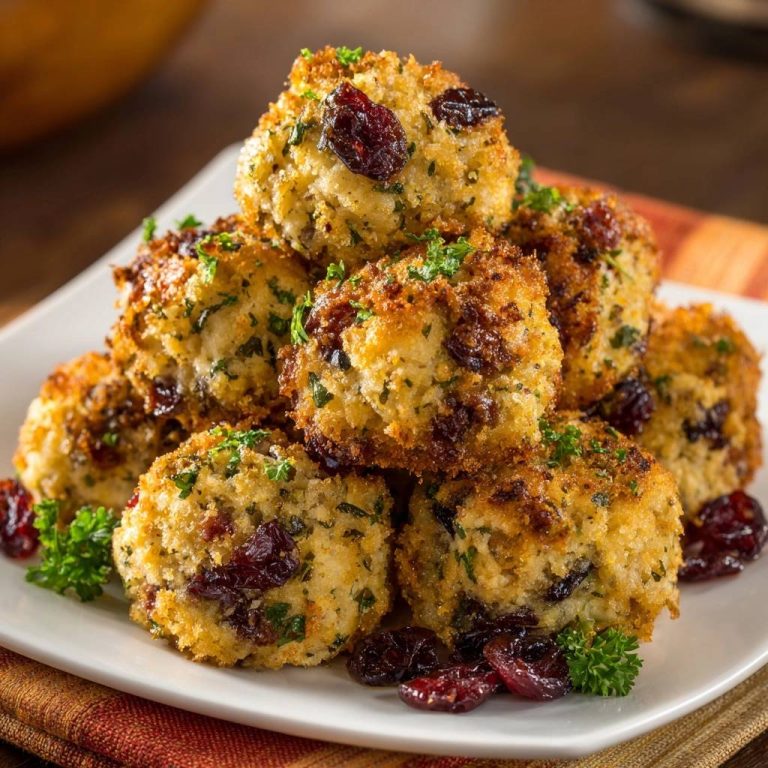 Knusprige Cranberry-Kroketten gestapelt auf einem Teller, garniert mit frischen Kräutern und Cranberries.