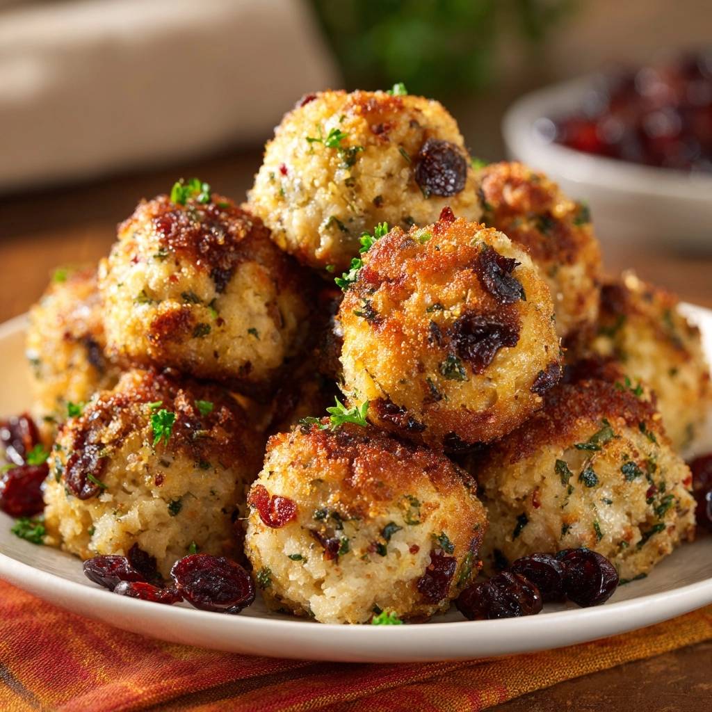 Cranberry Kroketten Nahaufnahme Mit Cranberries 1 Knusprige Cranberry-Kroketten als Nahaufnahme mit sichtbaren Cranberries und Petersilie garniert, auf einem Teller serviert.