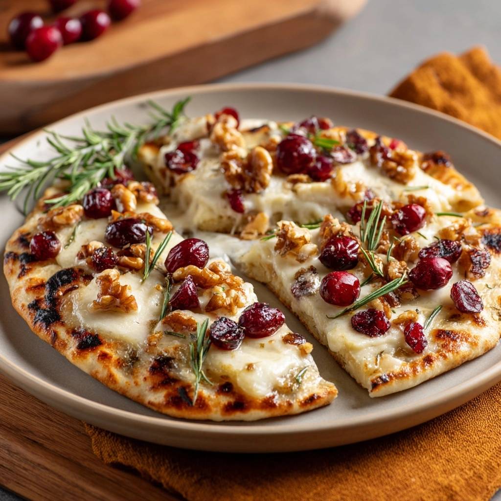Cranberry-Walnuss-Brie-Fladenbrot angeschnitten auf einem Teller, mit frischem Rosmarin garniert, zeigt die geschmolzene Käseschicht.