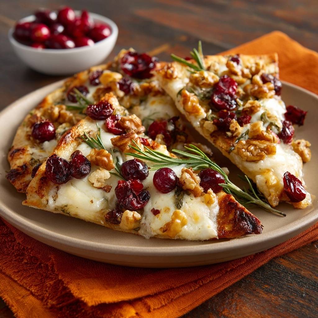 Cranberry-Walnuss-Brie-Fladenbrot angeschnitten auf einem Teller mit Rosmarin und einem Schälchen Cranberries daneben.