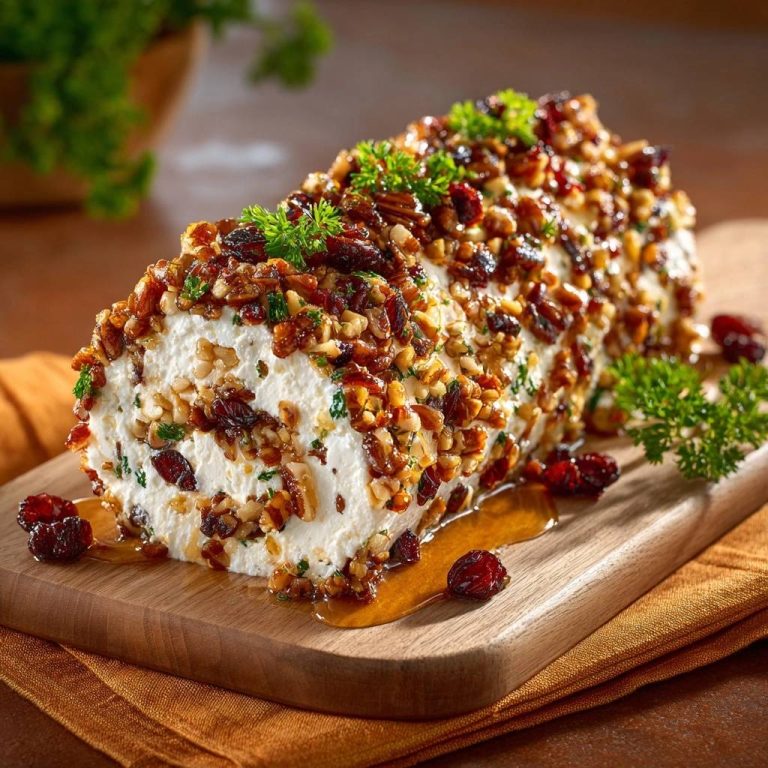 Cranberry-Walnuss Frischkäse-Rolle mit Nüssen und Cranberries, appetitlich auf einem Holzbrett mit Honig serviert.