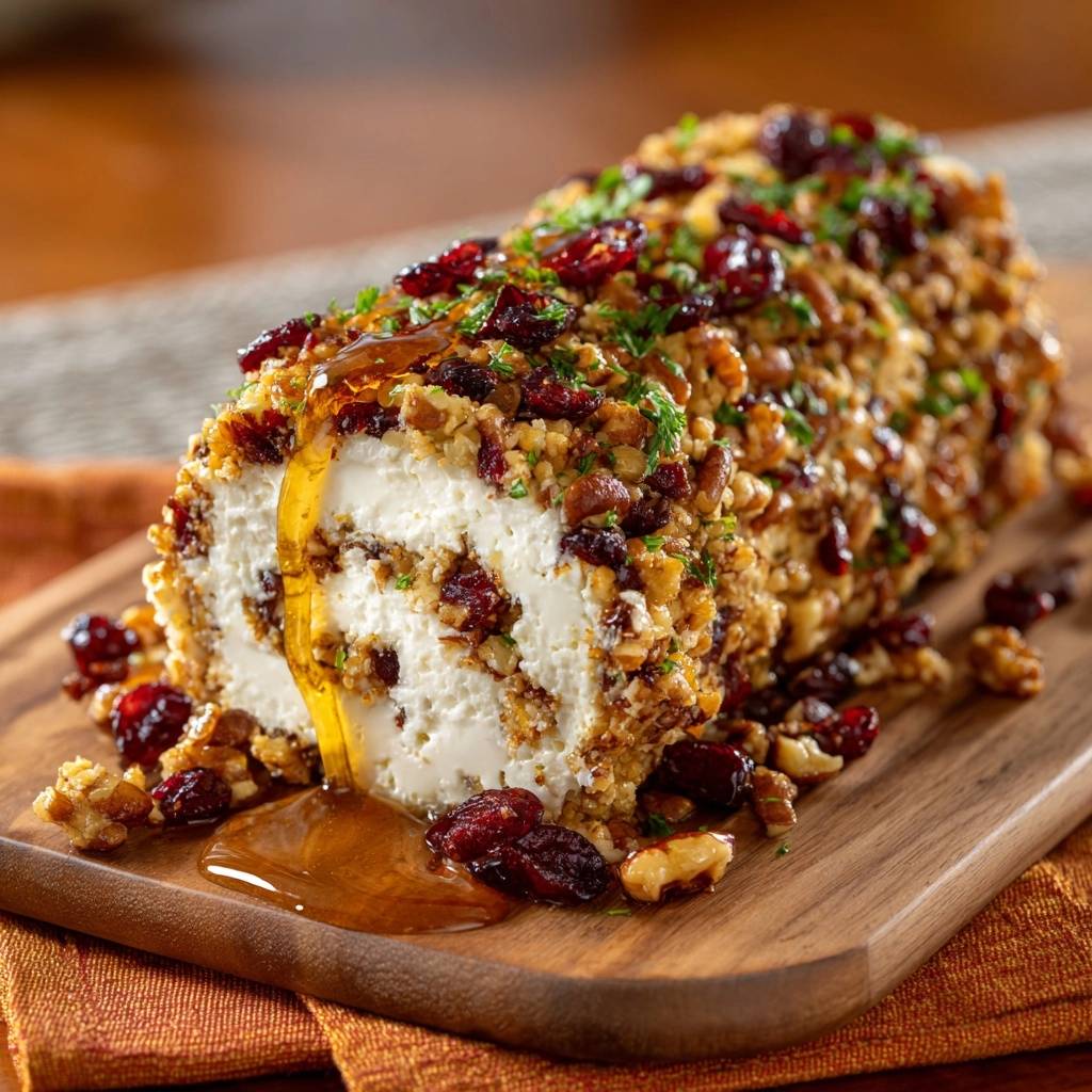 Cranberry Walnuss Frischkaese Rolle Honig 1 Cranberry-Walnuss Frischkäse-Rolle mit Honig, der über die nussige Kruste und den cremigen Käse läuft.
