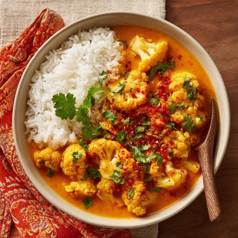 Cremiges Blumenkohl-Curry mit Reis, serviert in einer Schüssel mit frischem Koriander und Chilis, von oben betrachtet.