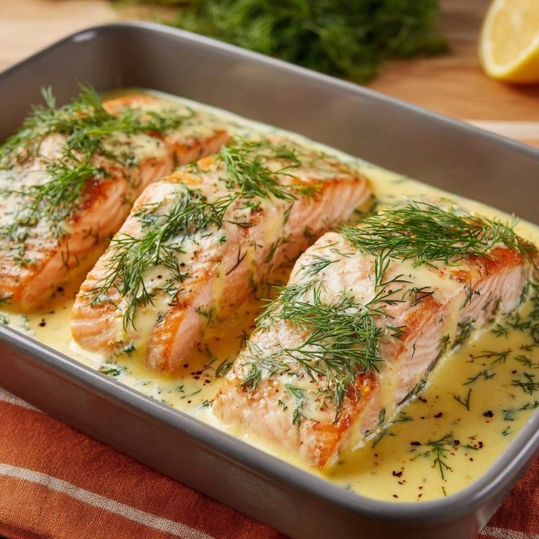Cremiger Dill-Lachs aus dem Ofen, saftige Lachsfilets mit Dill und cremiger Sauce im Backblech serviert