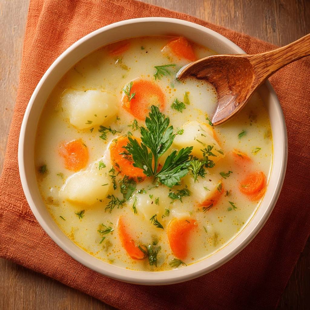 Cremige Kartoffel-Karottensuppe mit einem Holzlöffel, detailreiche Nahaufnahme der Zutaten und Garnitur.