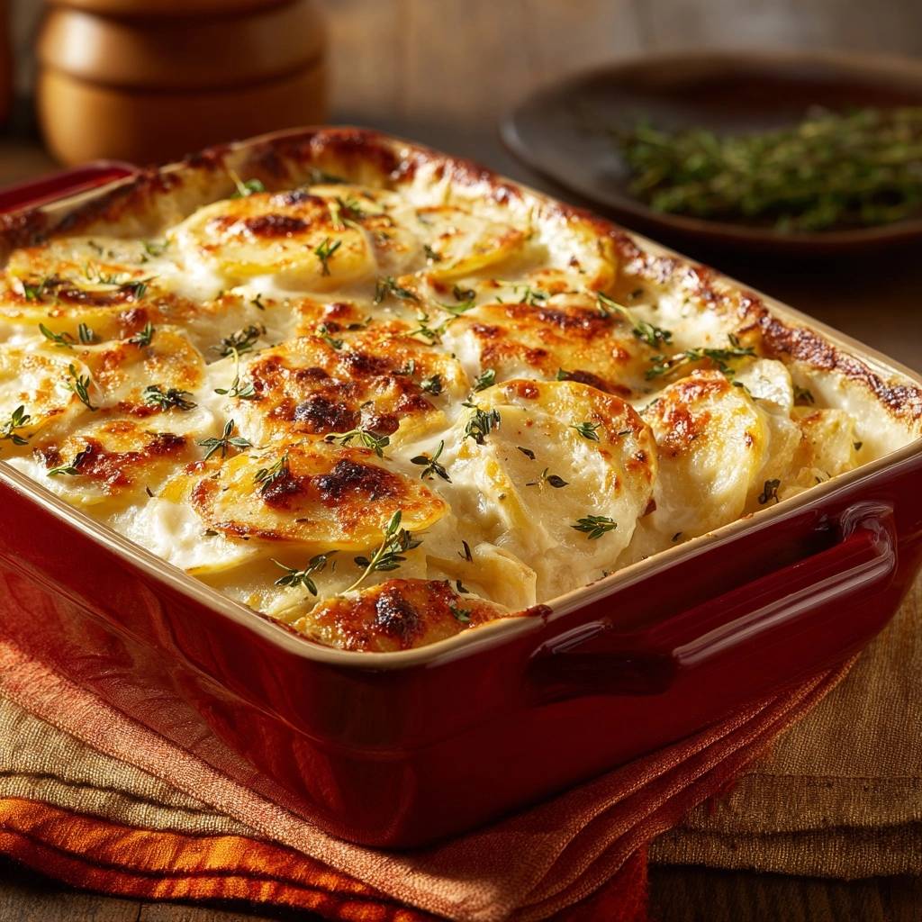 Cremiges Kartoffelgratin mit Thymian, nahaufnahme der goldbraunen Kartoffelscheiben und cremigen Sauce, garniert mit frischen Kräutern.