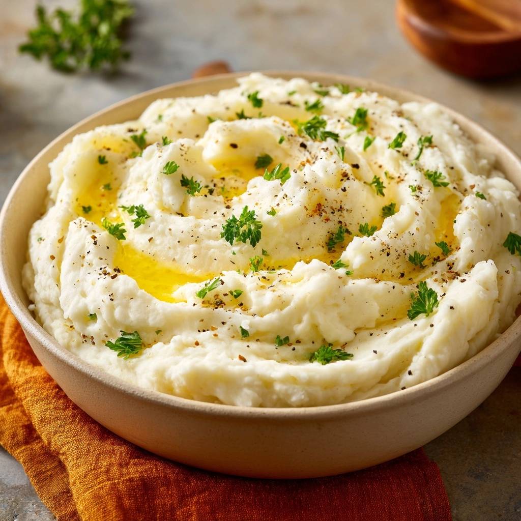 Cremiges Kartoffelpüree – Rezept ohne Klümpchen, serviert in einer Schüssel und garniert mit frischer Petersilie und schwarzem Pfeffer.