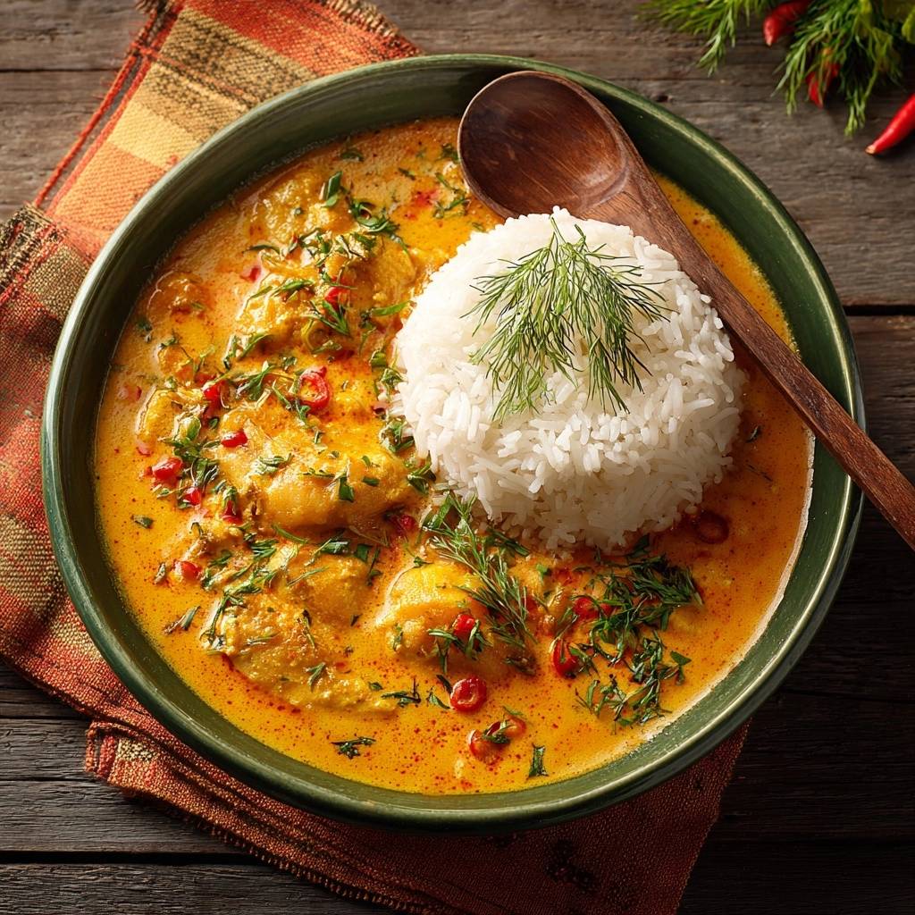 Cremig Kuerbis Curry Mit Dillreis Naheaufnahme 1 Cremiges Kürbis-Curry mit Dillreis, serviert in einer grünen Schüssel mit einem Löffel und garniert mit frischem Dill.