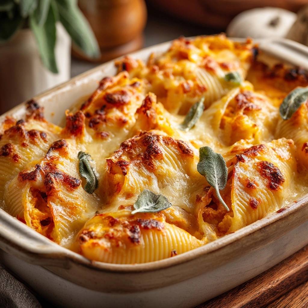 Cremiger Kürbis-Salbei-Conchiglie-Auflauf, eine Nahaufnahme der überbackenen Muscheln mit geschmolzenem Käse und Salbeiblättern.