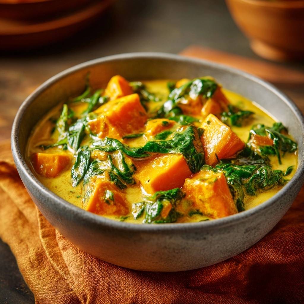 Cremiges Kürbis-Spinat-Curry in einer Schüssel mit detaillierter Nahaufnahme der Kürbisstücke und Spinat.