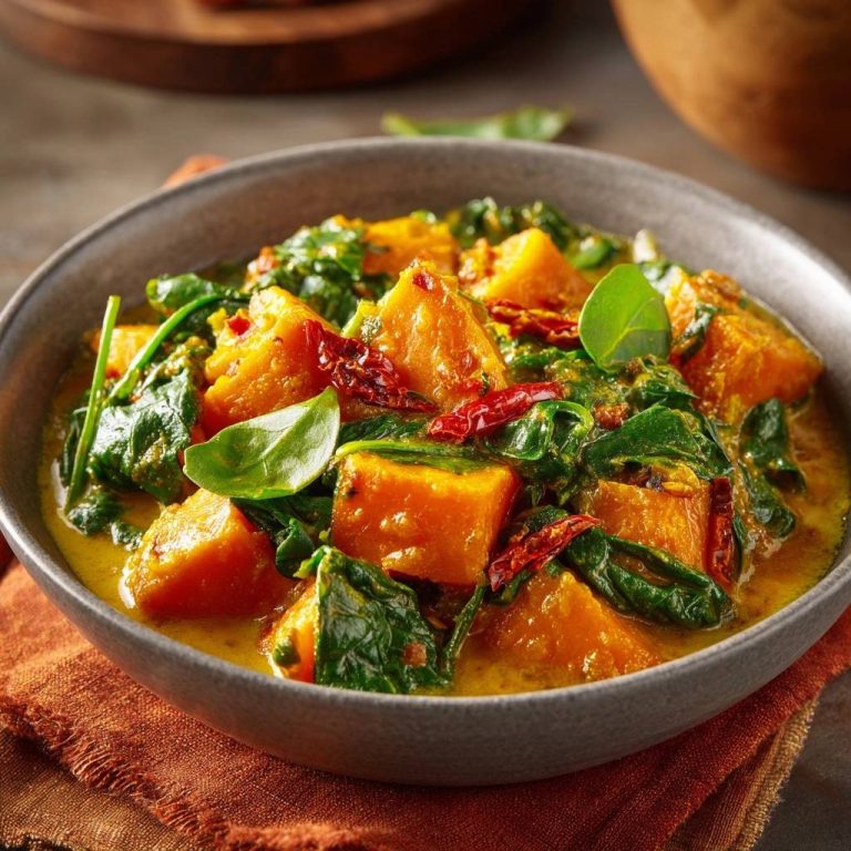 Cremiges Kürbis-Spinat-Curry in einer Schüssel, detailreiche Nahaufnahme der Kürbisstücke und Spinatblätter in cremiger Sauce.