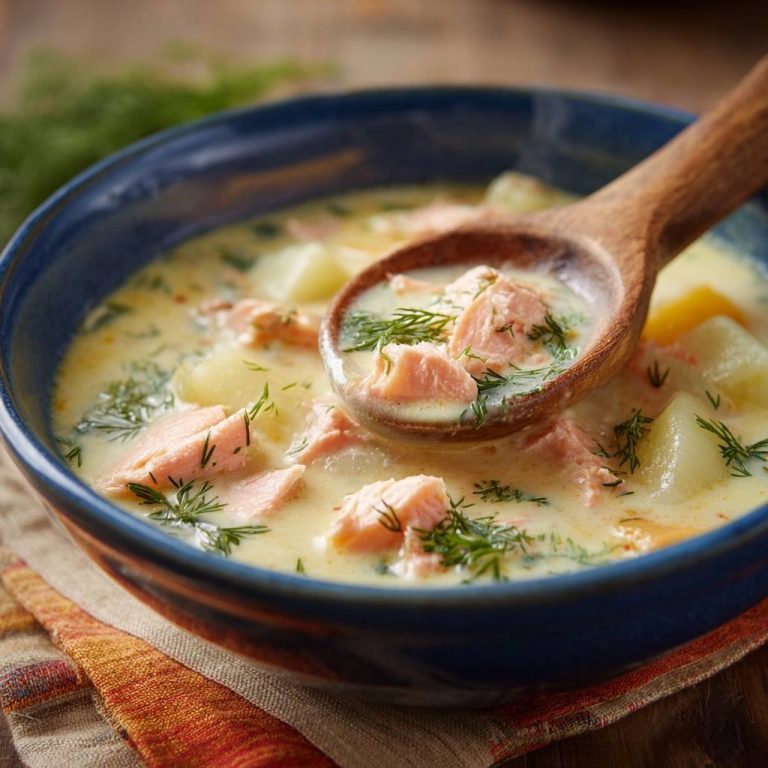 Cremige Lachs-Dill-Suppe mit Kartoffeln, serviert in einer blauen Schüssel, mit einem Holzkochlöffel voller Suppe und Lachs.