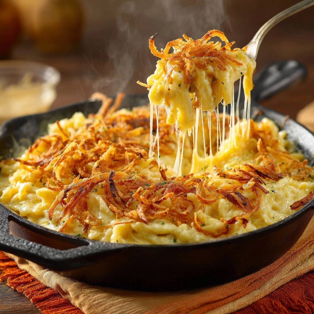 Cremiger Pfannen-Mac-and-Cheese mit knusprigen Zwiebeln, aus dem die Fäden des geschmolzenen Käses gezogen werden.