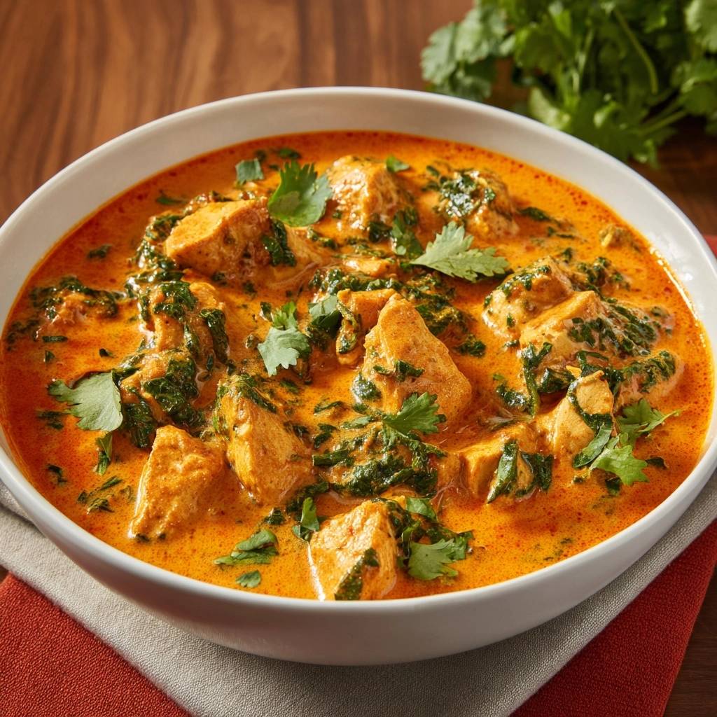 Cremiges Spinat-Hühner-Curry, eine Nahaufnahme, die die cremige Sauce und die Hühnerstücke mit frischer Petersilie zeigt.