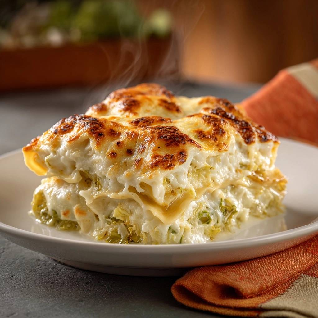 Cremige Brokkoli-Lasagne als Nahaufnahme eines dampfenden Stücks auf einem Teller mit geschmolzenem Käse.