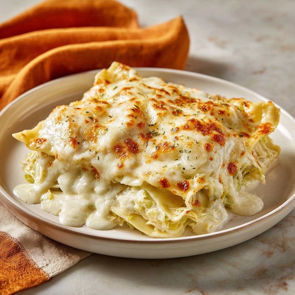 Cremige Brokkoli-Lasagne als Nahaufnahme auf einem Teller serviert mit geschmolzenem Käse und Kräutern.