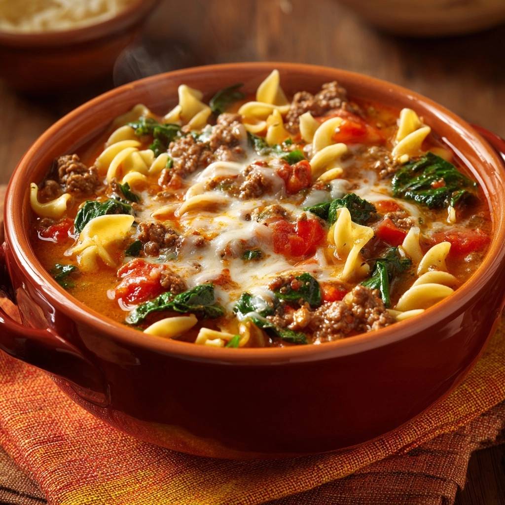 Cremige Farfalle-Hack-Suppe mit Spinat und Käse in einer braunen Schüssel, Nahaufnahme der dampfenden Zutaten.