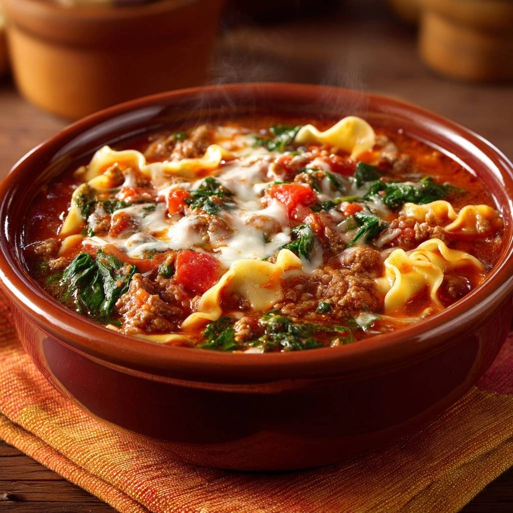 Cremige Farfalle-Hack-Suppe mit Spinat und Käse, eine dampfende Nahaufnahme in einer braunen Schüssel.