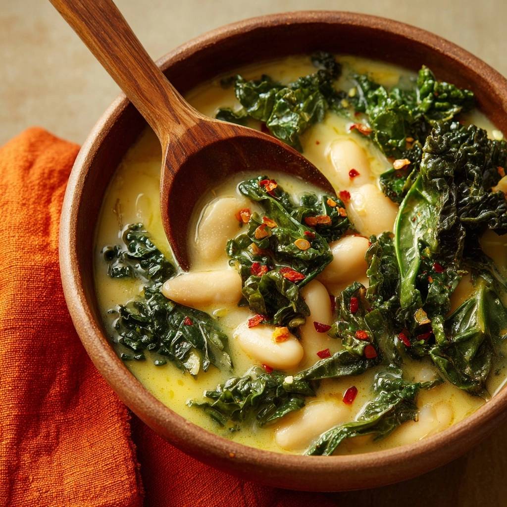 Cremige Grünkohl-Bohnensuppe mit einem Holzlöffel, Nahaufnahme der Textur und Zutaten.