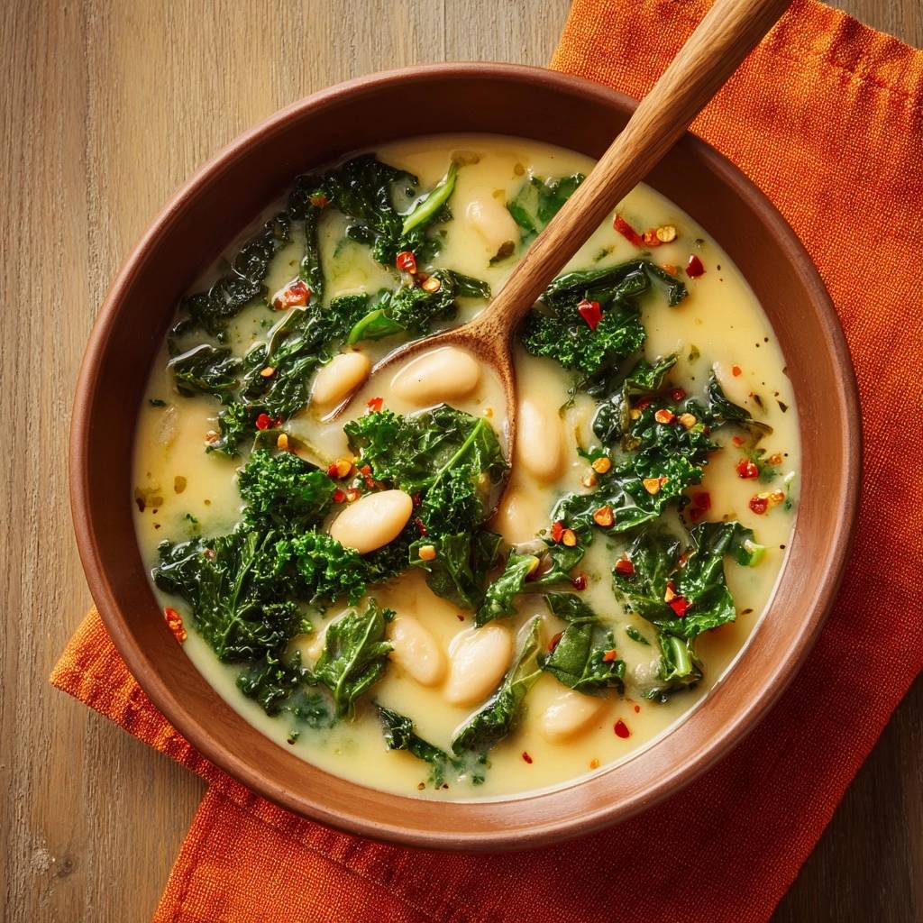 Cremige Grünkohl-Bohnensuppe von oben in einer braunen Schüssel mit einem Holzlöffel und roten Chiliflocken garniert.