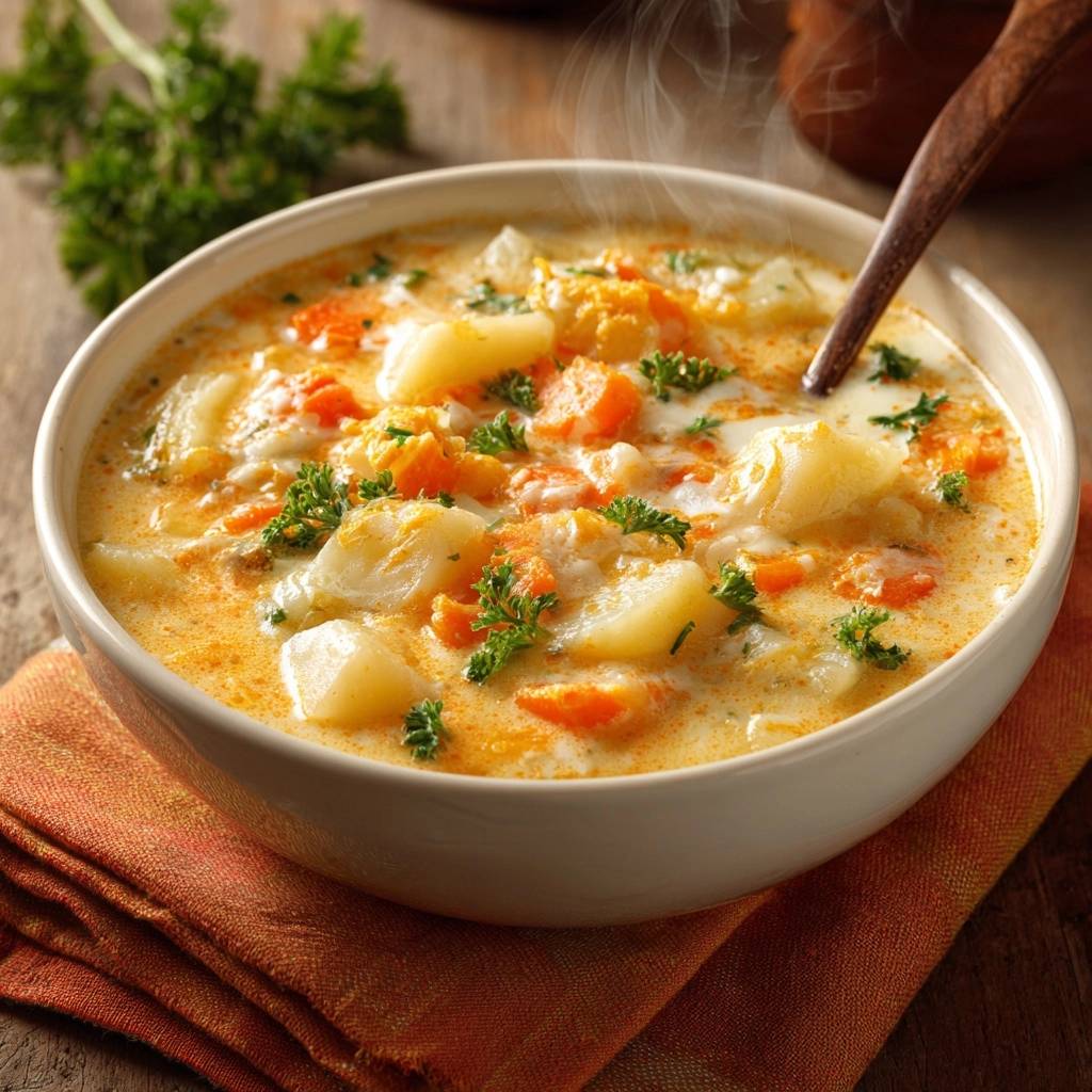 Cremige Kartoffel-Karotten-Suppe heiss dampfend in einer Schüssel mit Löffel, garniert mit Petersilie.