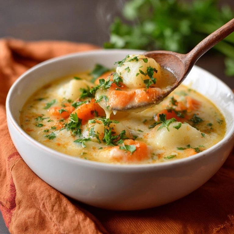 Cremige Kartoffel-Karotten-Suppe auf einem Holzlöffel, mit frischer Petersilie garniert und dampfend heiß serviert.