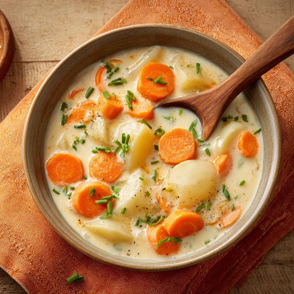 Cremige Kartoffel-Karottensuppe ohne geronnene Sahne, garniert mit frischen Schnittlauchstückchen und serviert in einer Schüssel mit einem Holzlöffel.