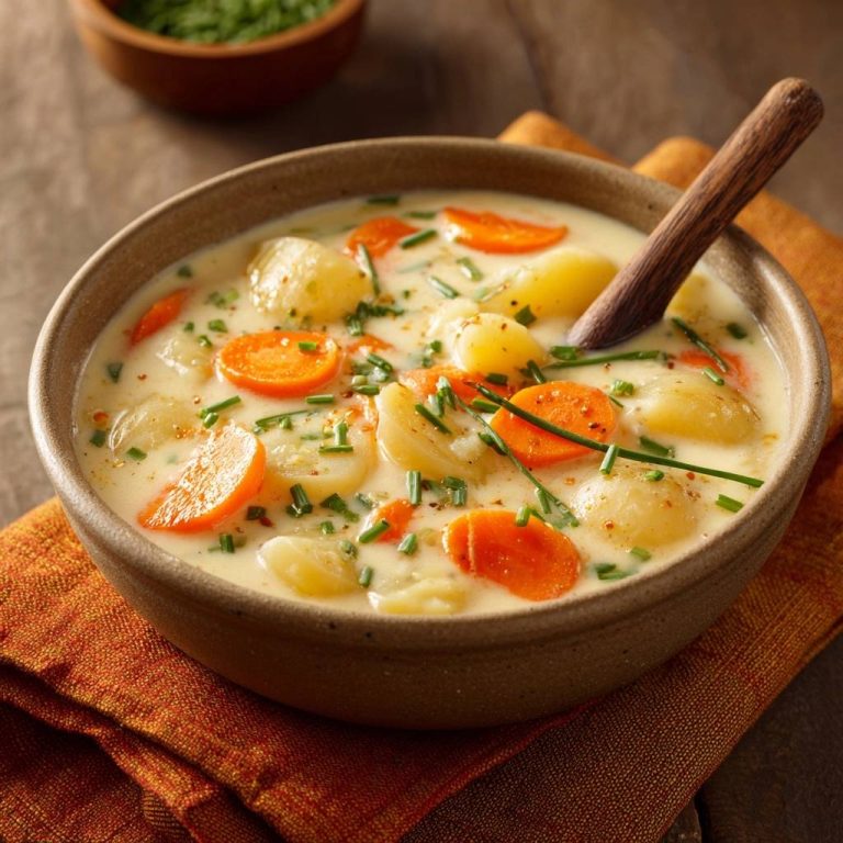 Cremige Kartoffel-Karottensuppe ohne geronnene Sahne, garniert mit frischen Kräutern und einem Holzlöffel darin.