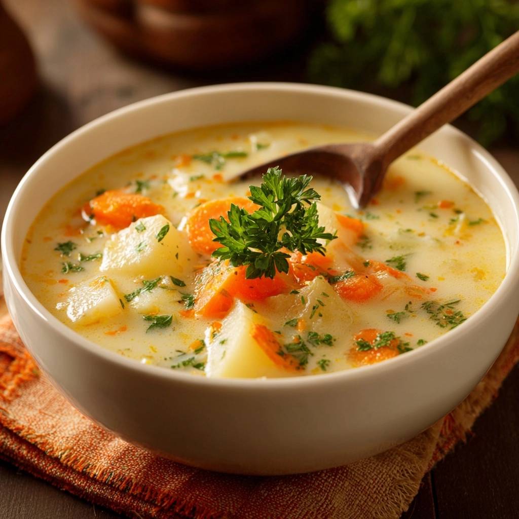 Cremige Kartoffel-Karottensuppe mit frischer Petersilie garniert, in einer weißen Schüssel serviert.