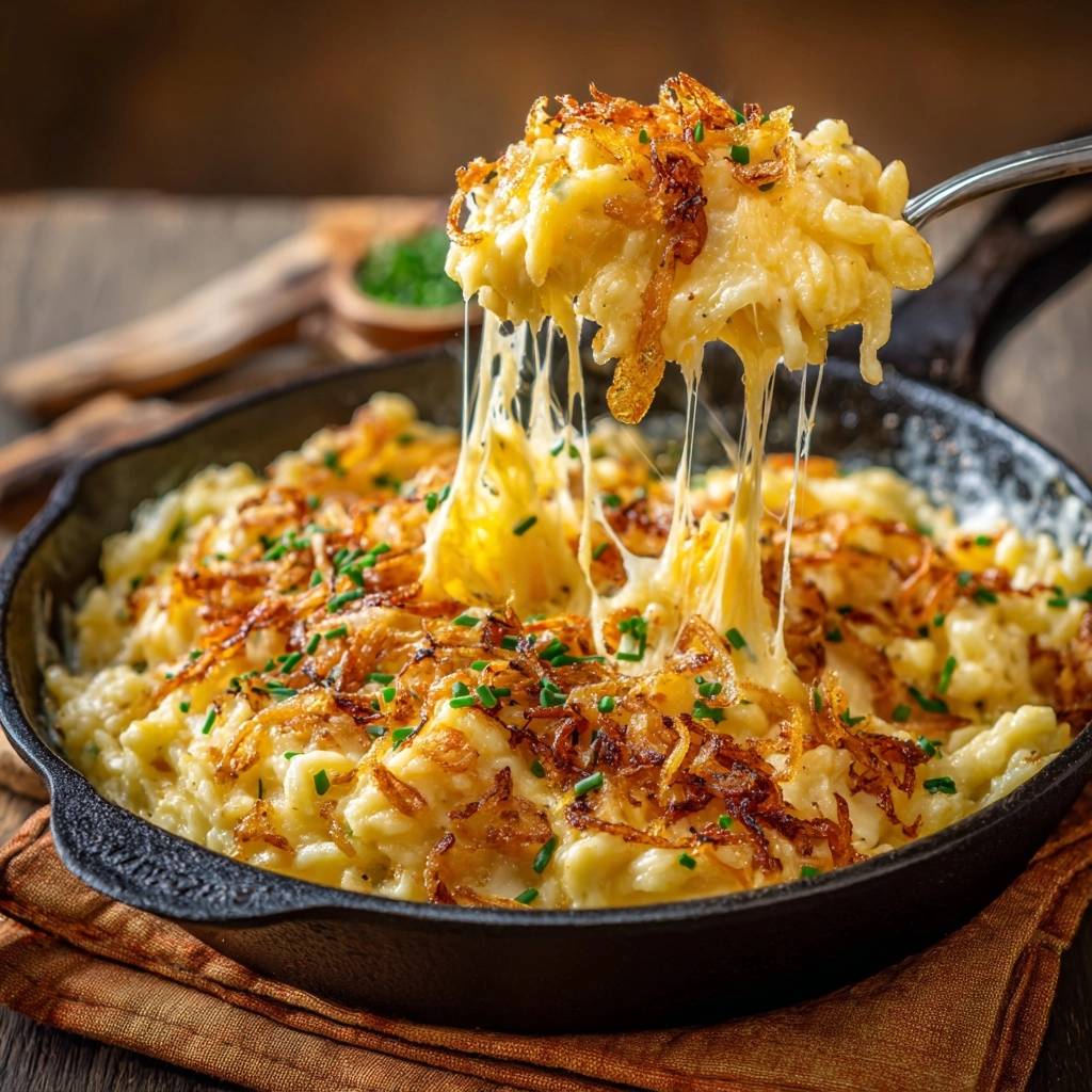 Cremige Käsespätzle mit knusprigen Zwiebeln, bei denen geschmolzener Käse von einer Gabel gezogen wird.
