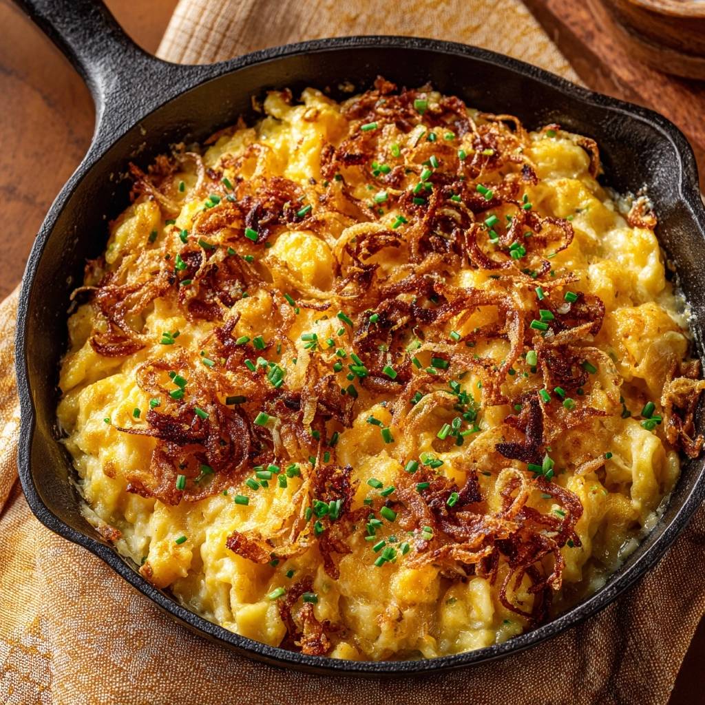 Cremige Kasesptzle Mit Knusprigen Zwiebeln Detail Garnitur 1 Cremige Käsespätzle mit knusprigen Zwiebeln, garniert mit frischen gehackten Schnittlauch im Detail.