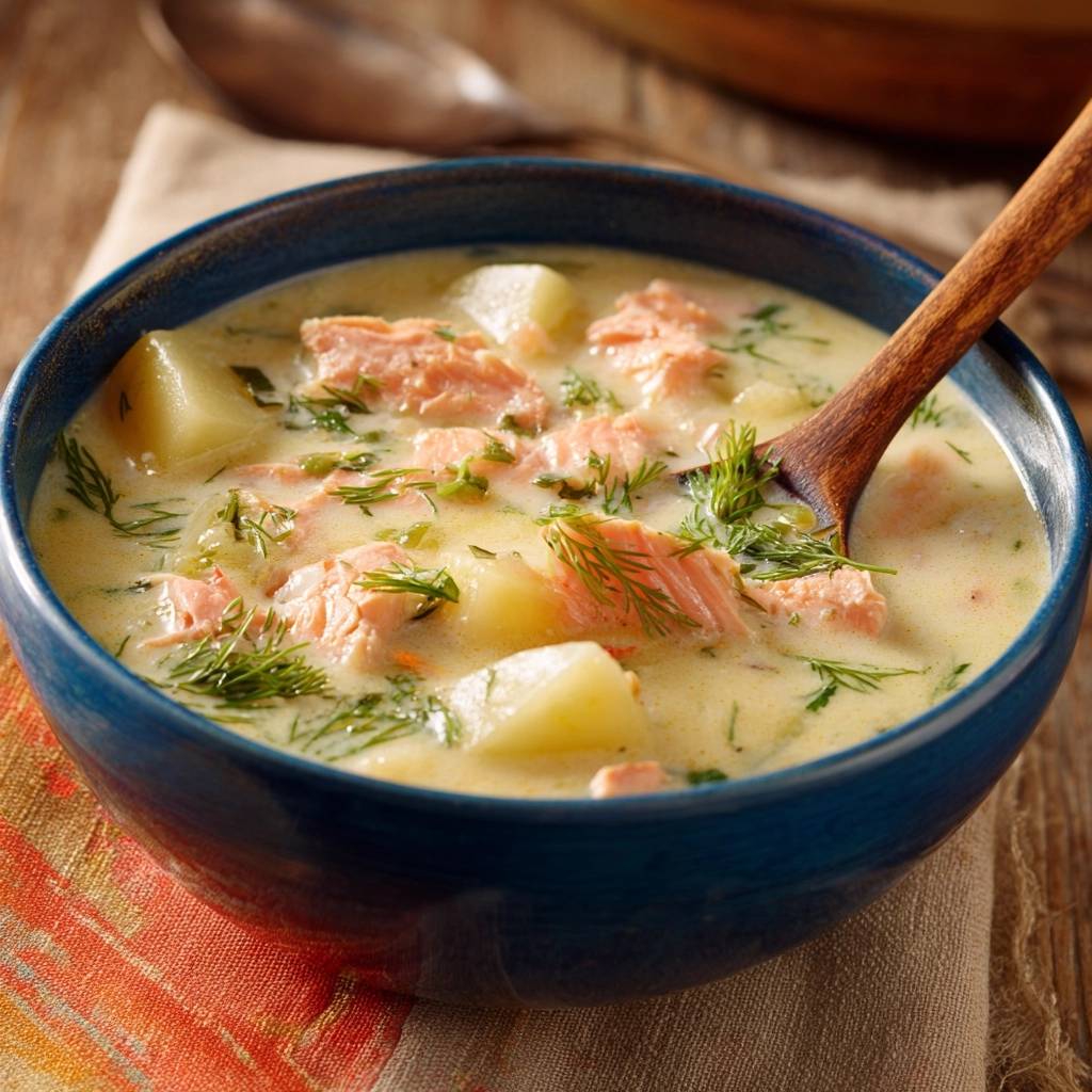 Cremige Lachs-Dill-Suppe mit Kartoffeln, nah aufgenommen mit einem Holzloeffel, der in der Schüssel steckt.