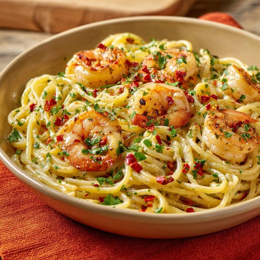 Cremige Linguine mit Garnelen, Bacon & Tomaten, nahaufnahme der garnierten Pasta mit Garnelen und Petersilie.