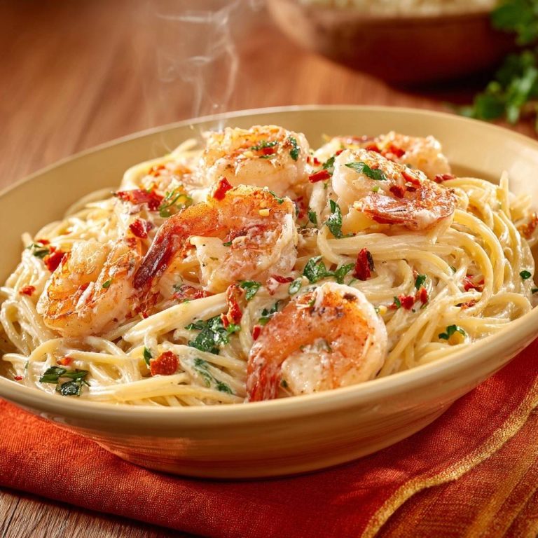 Cremige Linguine mit Garnelen, Bacon & Tomaten als Nahaufnahme mit Dampf, der von der heißen Pasta aufsteigt.