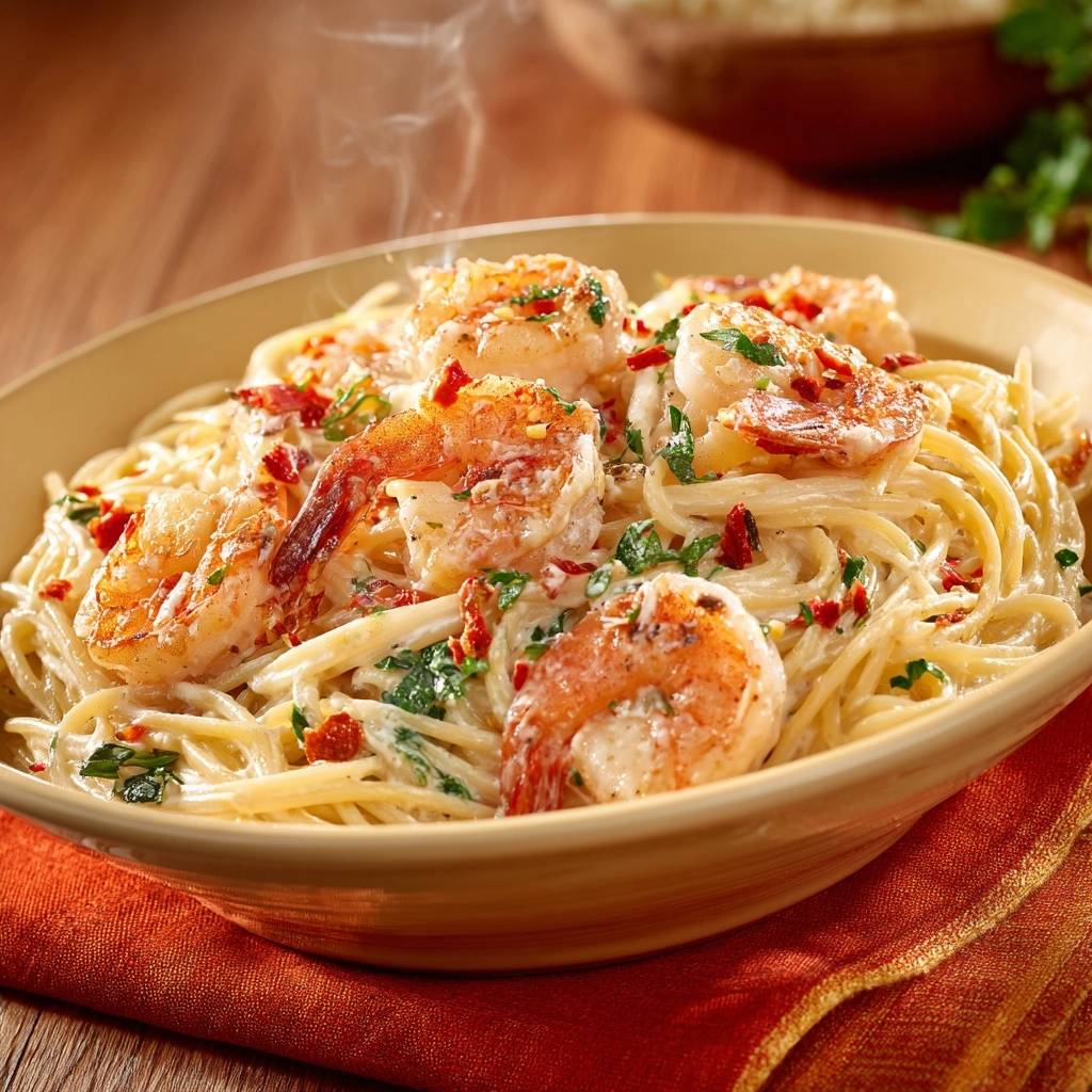Cremige Linguine mit Garnelen, Bacon & Tomaten als Nahaufnahme mit Dampf, der von der heißen Pasta aufsteigt.