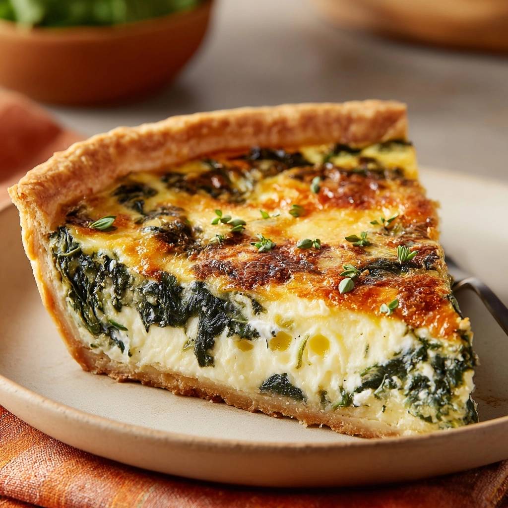 Cremige Spinat-Feta-Quiche angeschnitten auf einem Teller, mit sichtbarem knusprigem Boden und reichhaltiger Füllung.