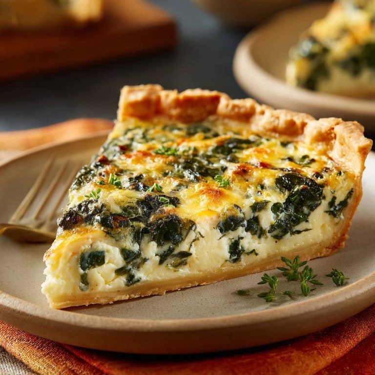 Cremige Spinat-Feta-Quiche im Anschnitt mit goldenem Boden und frischen Kräutern garniert auf einem Teller.