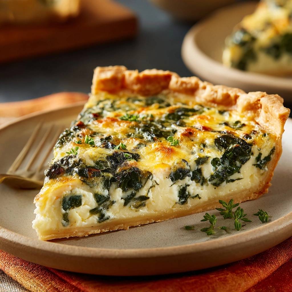 Cremige Spinat-Feta-Quiche im Anschnitt mit goldenem Boden und frischen Kräutern garniert auf einem Teller.