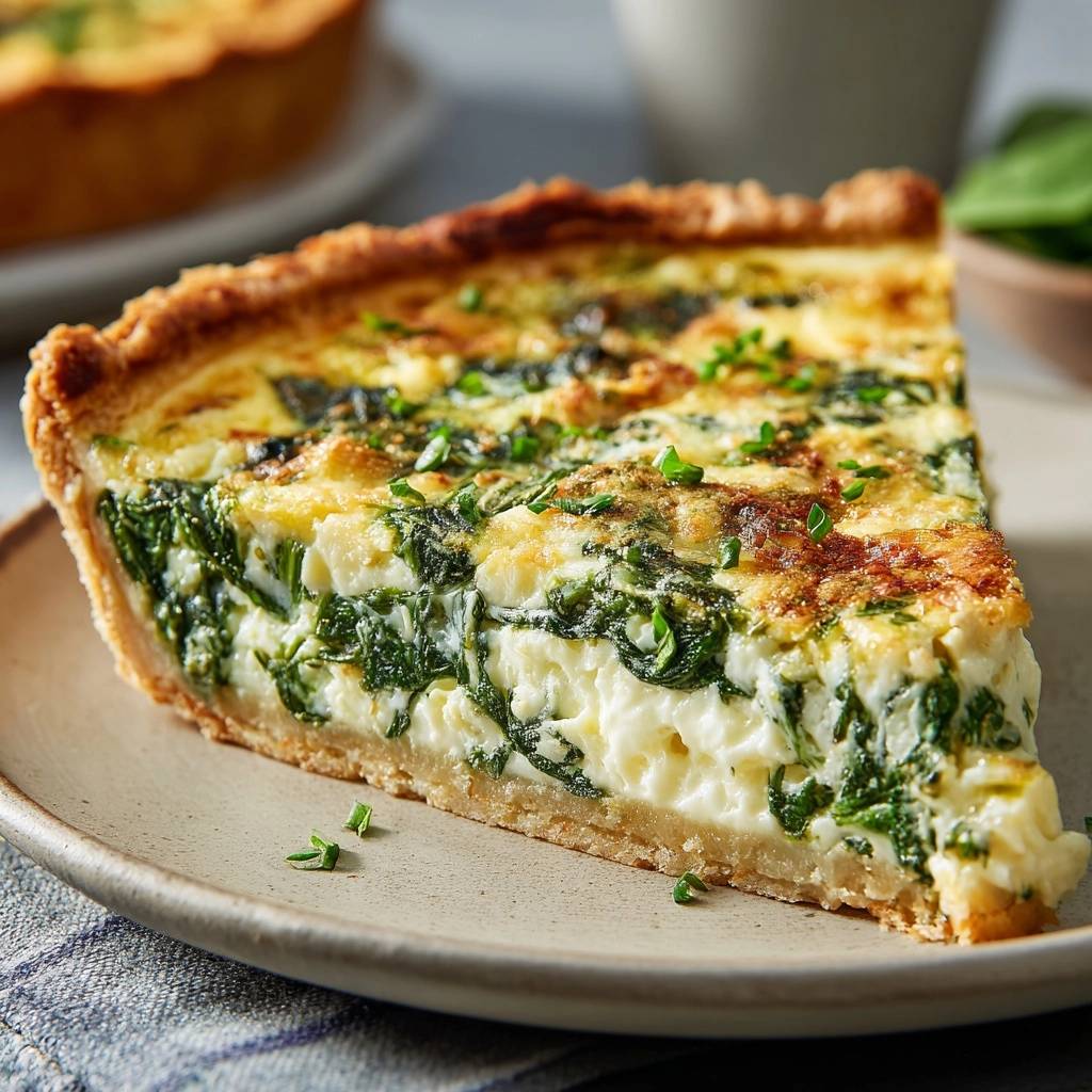 Cremige Spinat Quiche Angeschnitten 1 Cremige Spinat-Quiche mit knusprigem Boden, angeschnitten auf einem Teller, die Füllung mit Spinat ist gut sichtbar.