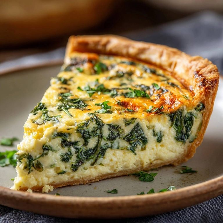 Cremige Spinat-Quiche mit knusprigem Boden, als einzelnes Stück auf einem Teller mit Petersilie garniert