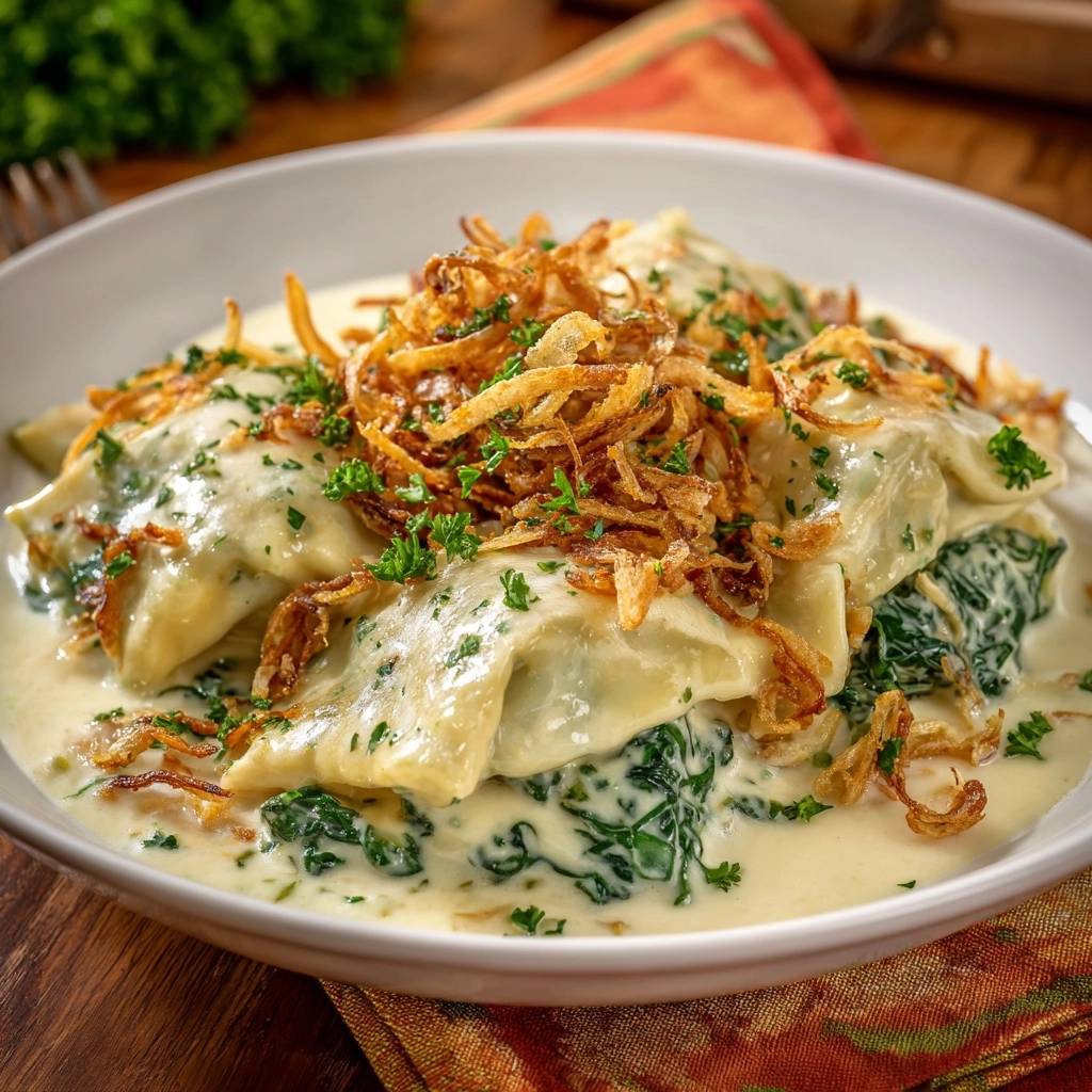 Cremige Spinat-Ravioli mit knusprigen Zwiebeln, garniert mit frischer Petersilie und serviert in einer weißen Schüssel.