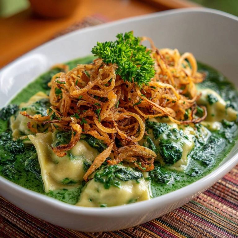 Cremige Spinat-Ravioli mit knusprigen Zwiebeln, garniert mit frischer Petersilie und serviert in einer weißen Schüssel.