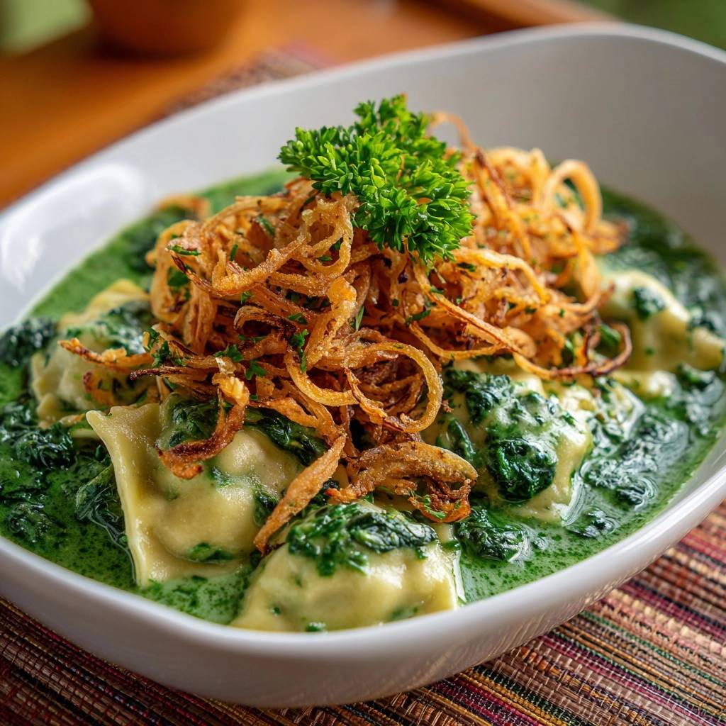 Cremige Spinat-Ravioli mit knusprigen Zwiebeln, garniert mit frischer Petersilie und serviert in einer weißen Schüssel.