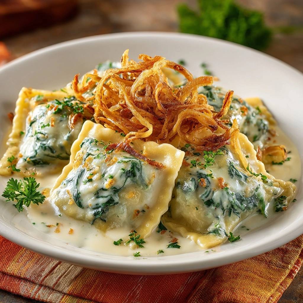 Cremige Spinat-Ravioli mit knusprigen Zwiebeln, serviert auf einem Teller und mit frischer Petersilie garniert.
