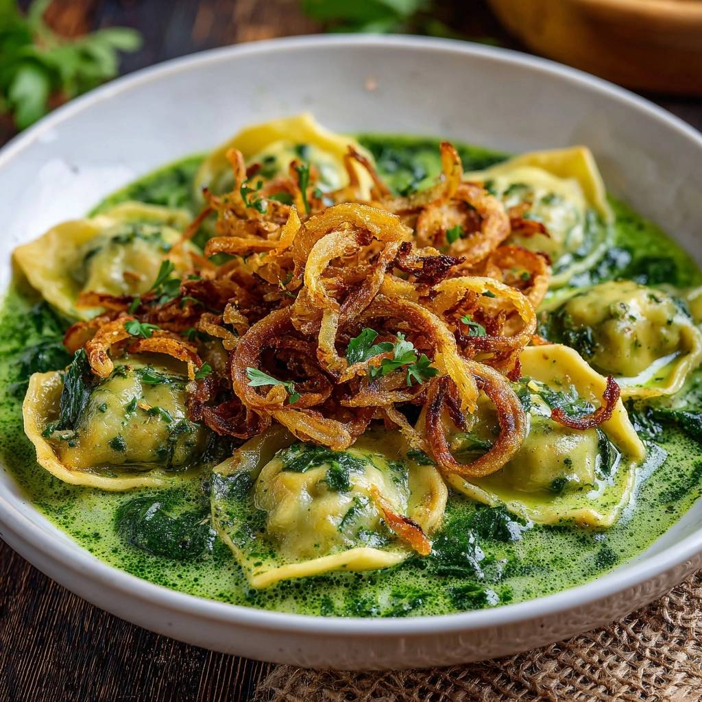 Cremige Spinat Ravioli Garniert Mit Zwiebelringen 1 Cremige Spinat-Ravioli mit knusprigen Zwiebeln, serviert in einer grünen Sauce und garniert mit frittierten Zwiebelringen.