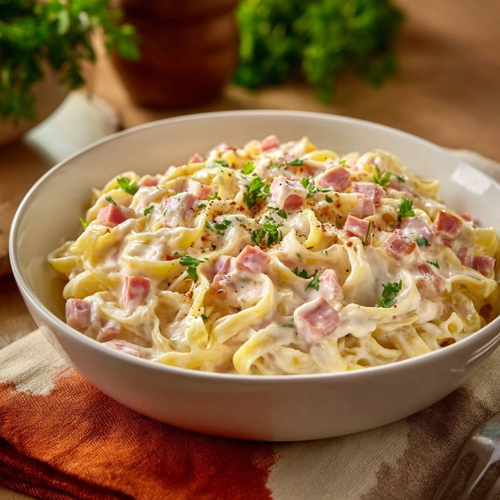Cremige Tagliatelle mit Schinken in einer weißen Schüssel, garniert mit Petersilie und Gewürzen, Nahaufnahme.