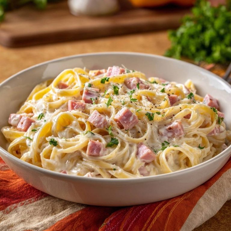 Cremige Tagliatelle mit Schinken, eine Nahaufnahme des cremigen Pastagerichts in einer weißen Schüssel, garniert mit Petersilie.