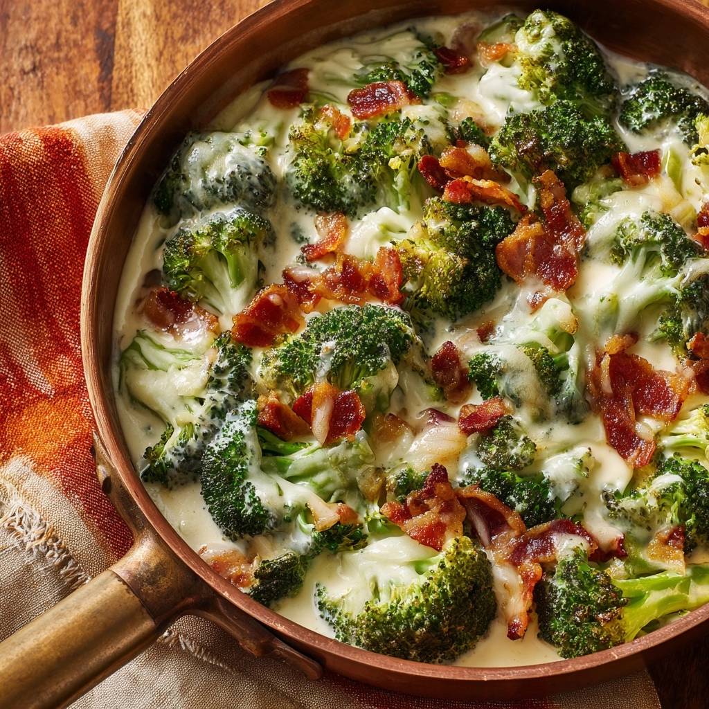 Cremiger Brokkoli mit Bacon und Käse in einer Kupferpfanne, Nahaufnahme der cremigen Sauce und der Zutaten.