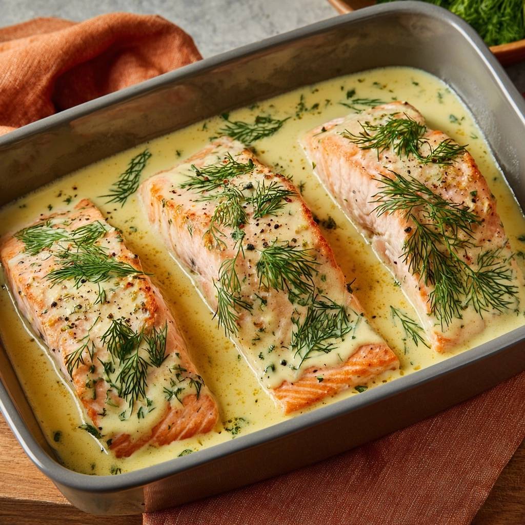 Cremiger Dill-Lachs, saftige Lachsstücke in einer cremigen Sauce mit Dill in einer Auflaufform.